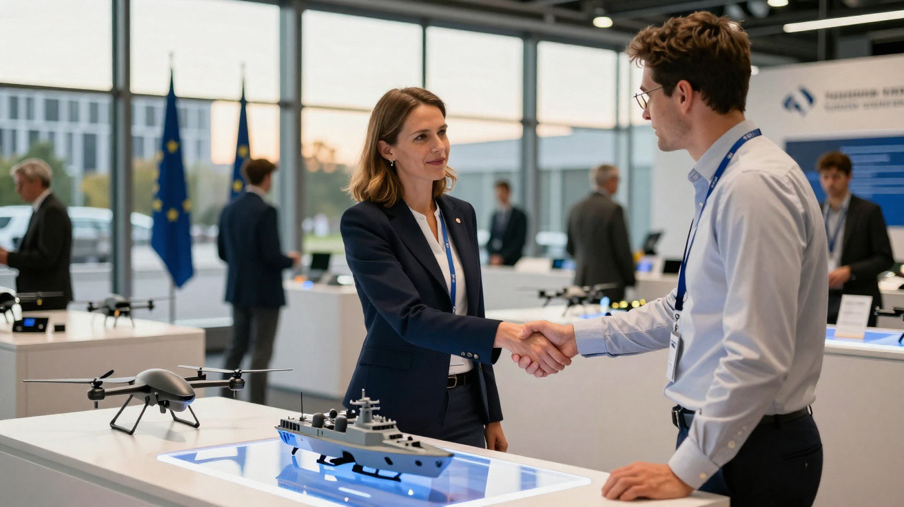 Mulher e homem de fato apertam as mãos numa exposição tecnológica com modelos de drones e navios.