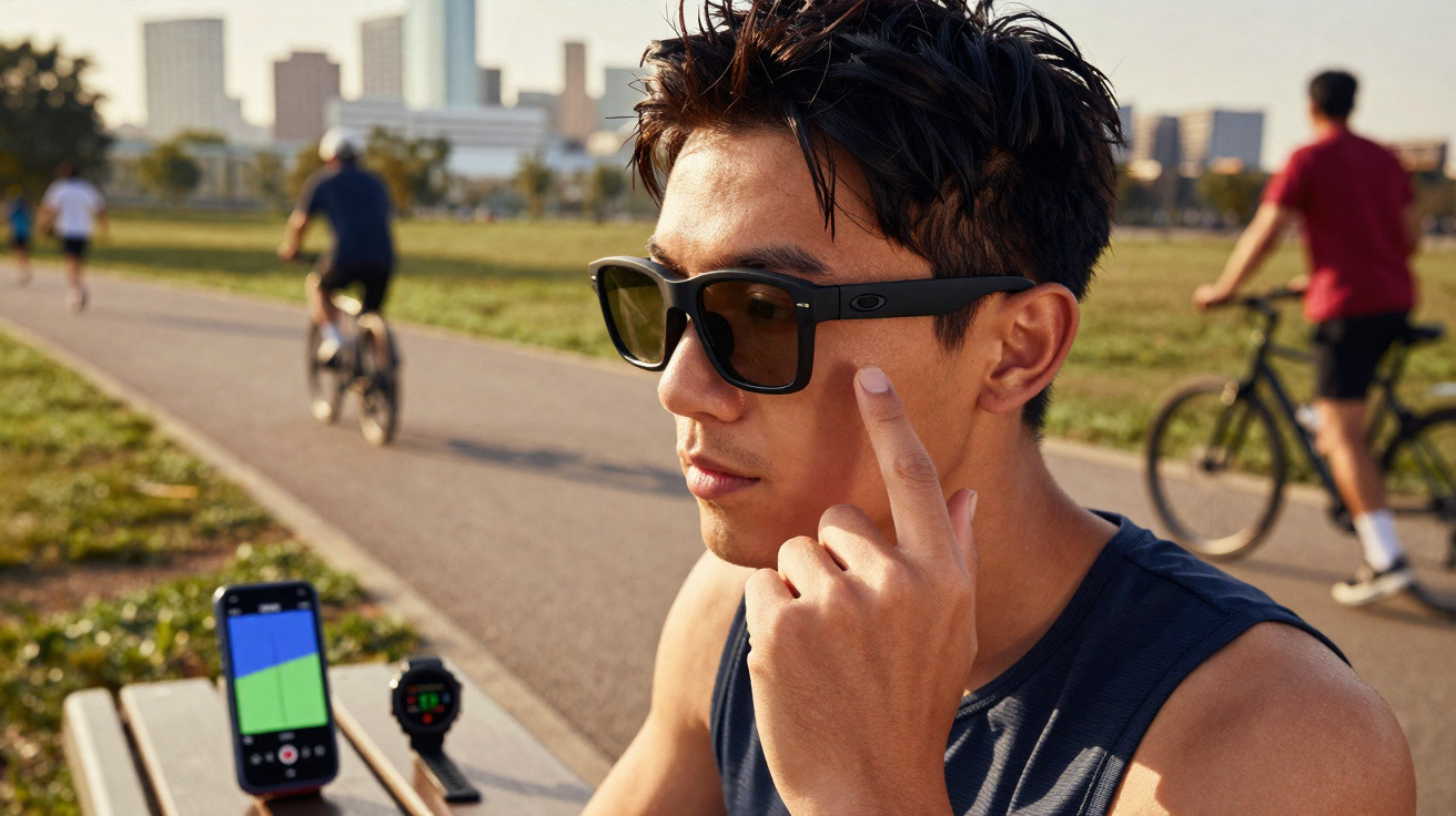 Homem com óculos de sol inteligentes em parque com pessoas a andar de bicicleta ao fundo.