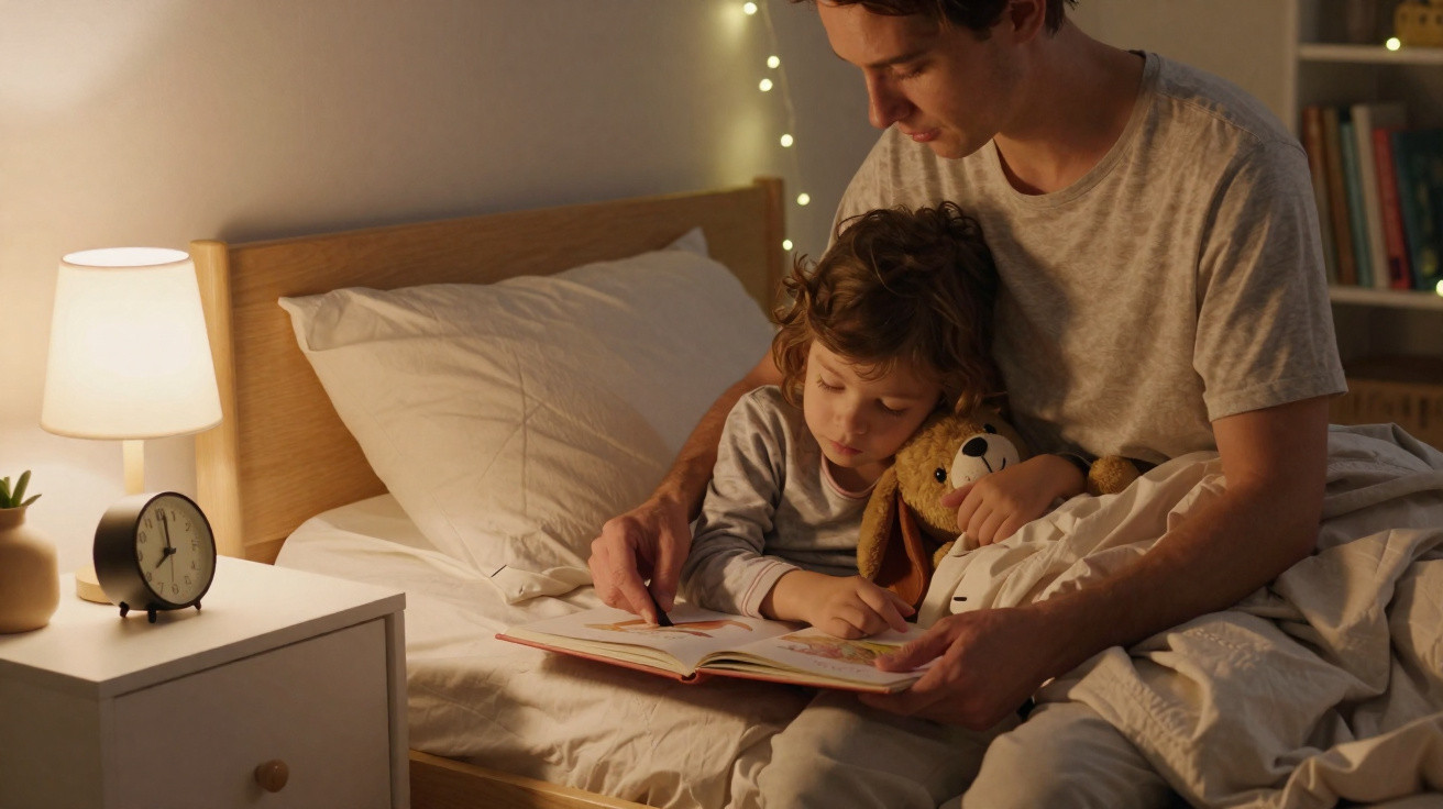 Pai e filho a lerem juntos um livro na cama, com luz suave e uma peluche ao lado da criança.