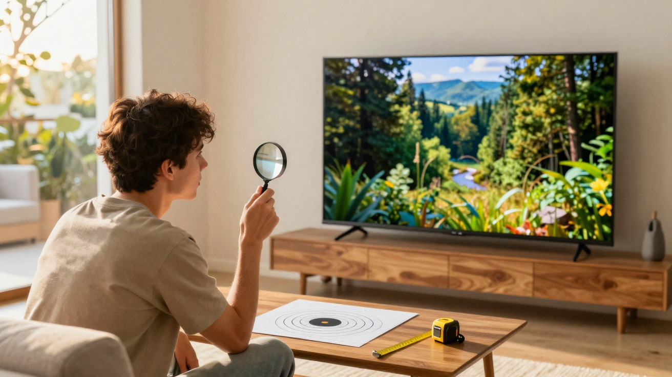 Jovem sentado observa paisagem na televisão com lupa, mesa com alvo de dardos e fita métrica à frente.