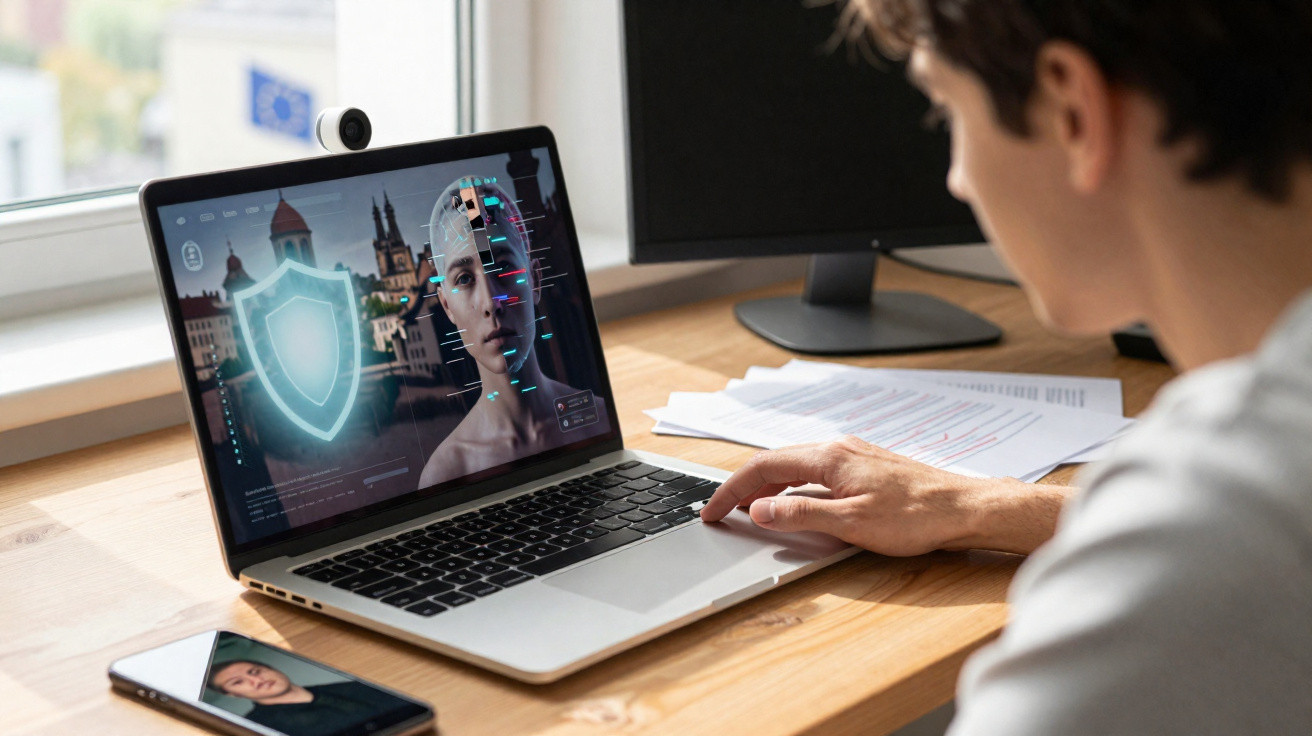 Pessoa a usar laptop com reconhecimento facial e smartphone numa mesa junto a janela.