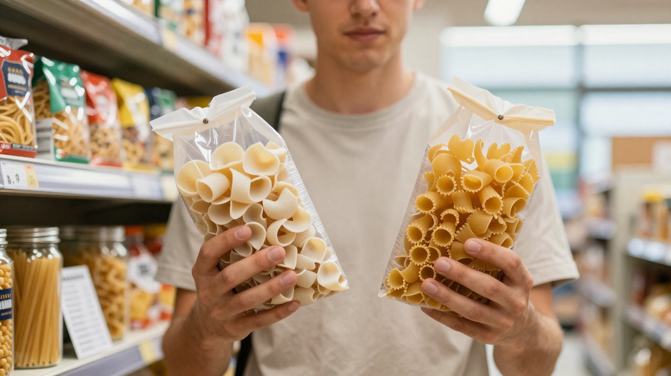 Pessoa a segurar dois pacotes de massas diferentes numa prateleira de supermercado.