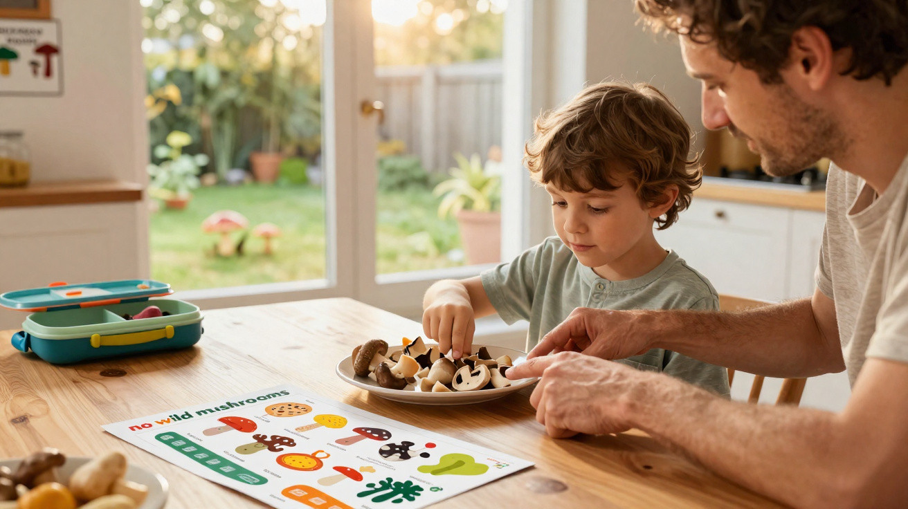 Criança e adulto montam jogo educativo de cogumelos na mesa com luz natural e jardim ao fundo.