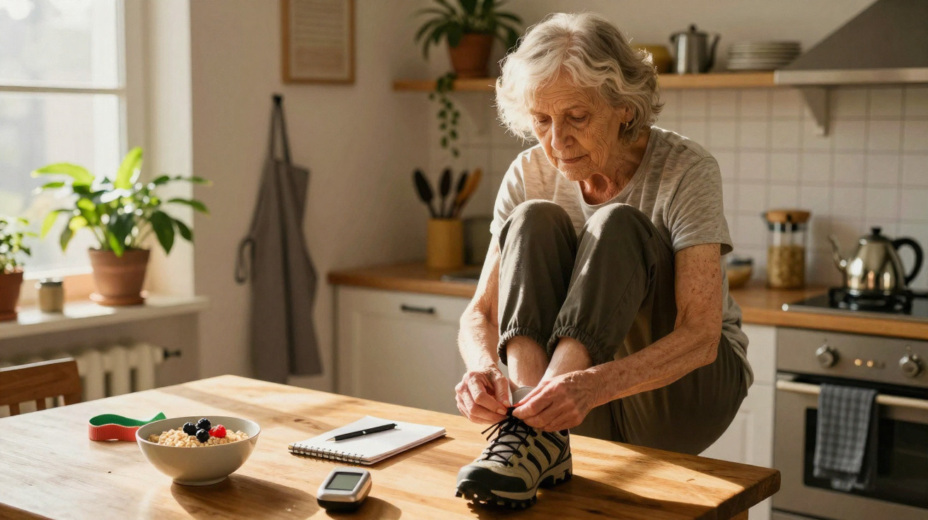 Senhora idosa sentada sobre mesa de cozinha a calçar sapatilhas desportivas, ao lado de um pequeno-almoço e um caderno.