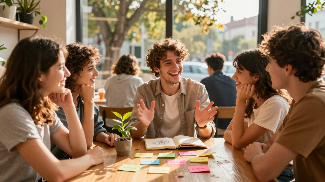 Jovens a conversar alegremente à volta de uma mesa com notas coloridas e uma planta numa cafetaria iluminada.