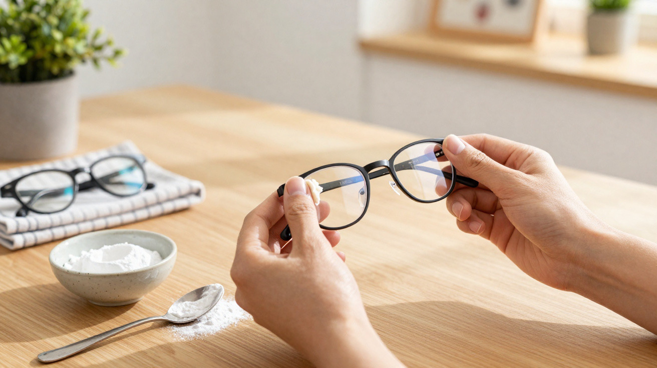 Pessoa a limpar óculos com pó branco numa mesa de madeira, com outro par de óculos ao fundo.