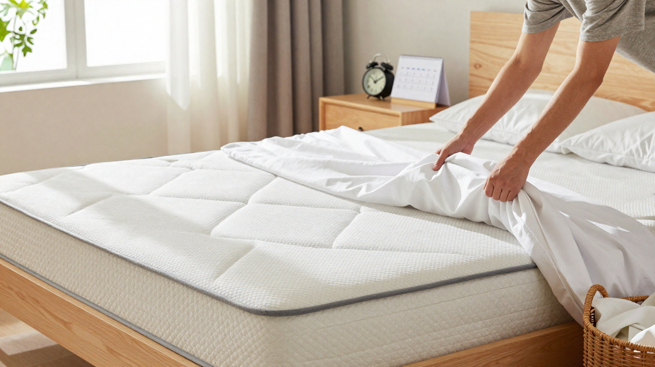 Pessoa a arrumar um lençol branco em cama com colchão branco num quarto luminoso e minimalista.