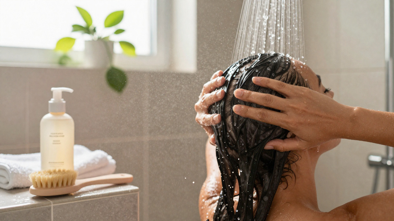 Pessoa lavando o cabelo debaixo do chuveiro com produto e escova ao lado.