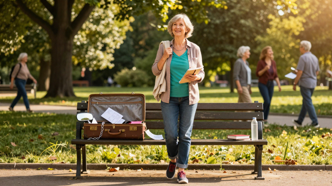 Mulher sénior sorridente a caminhar num parque com livro na mão, perto de banco com mala aberta e pessoas ao fundo.