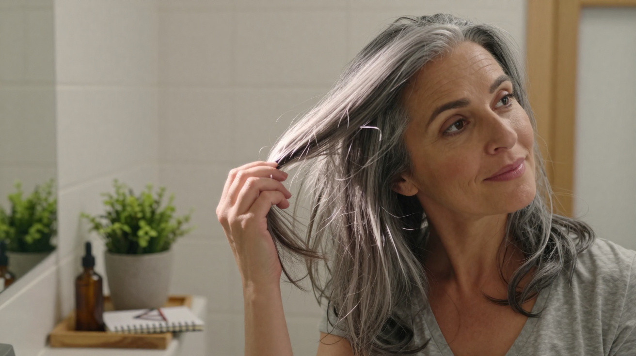 Mulher de cabelos grisalhos a olhar para o espelho num casa de banho, a tocar no cabelo.