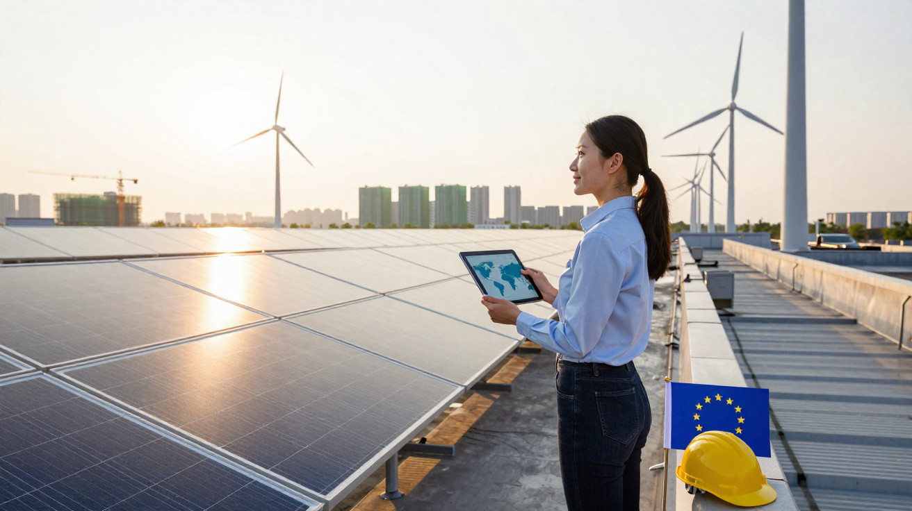 Mulher com tablet junto a painéis solares e turbinas eólicas, com capacete e bandeira da UE numa plataforma.