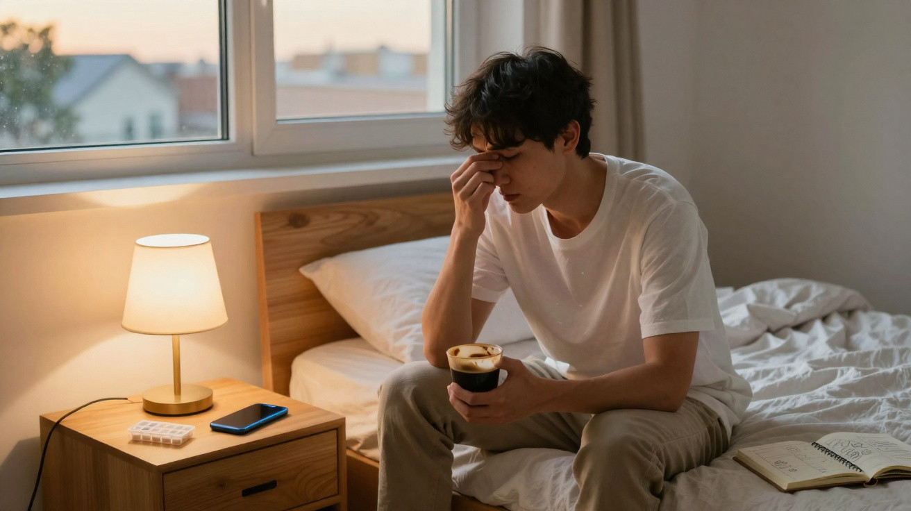 Homem jovem sentado na cama, com expressão cansada, a segurar uma chávena de café no quarto iluminado.