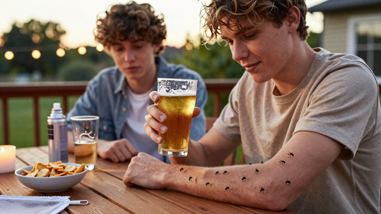 Dois rapazes sentados numa mesa exterior, um segura um copo de cerveja e tem formigas no braço.