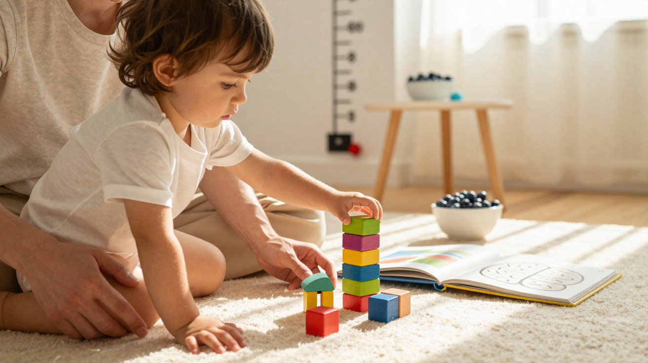 Criança a jogar com blocos de construção coloridos no tapete, com um adulto a ajudar ao lado.