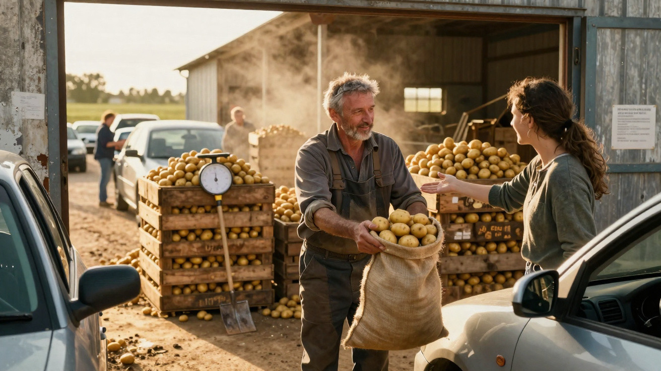 Agricultor entrega saco de batatas a mulher junto a armazém e carros numa quinta ao pôr do sol.