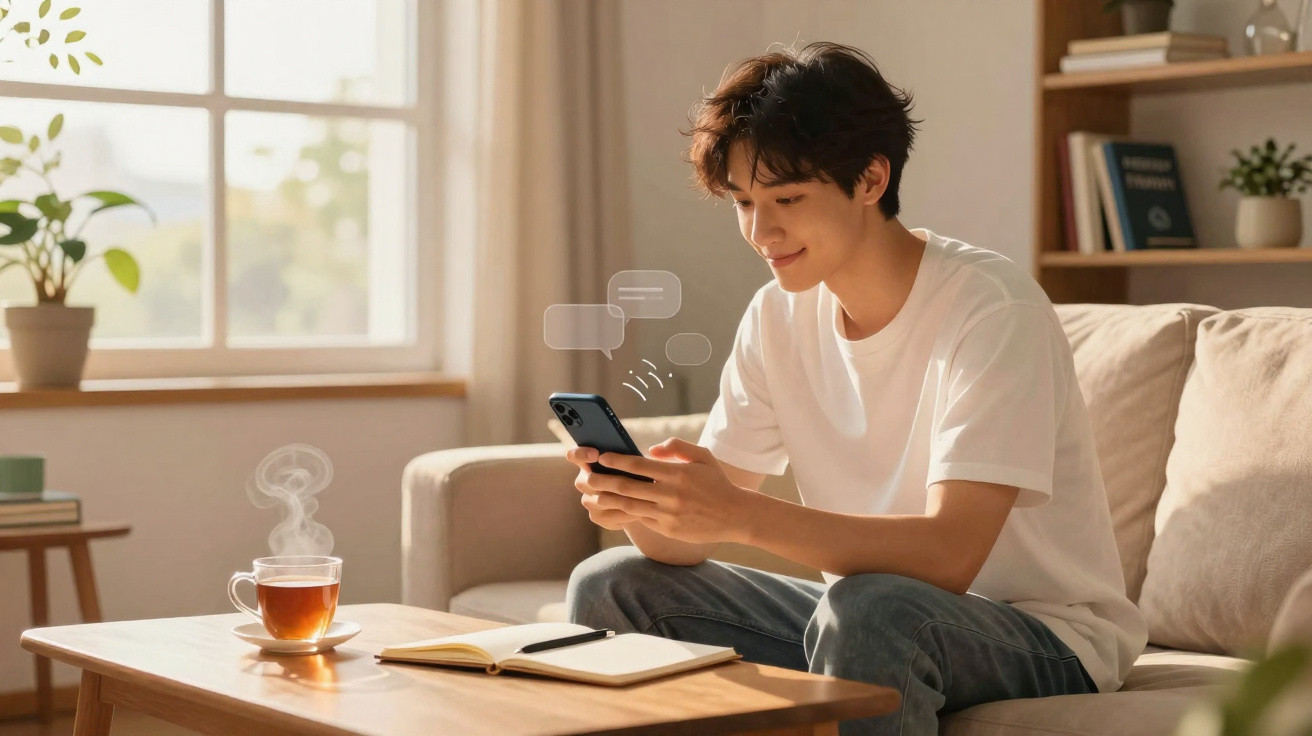 Jovem sentado no sofá a usar telemóvel, com chá quente e caderno numa mesa à frente.