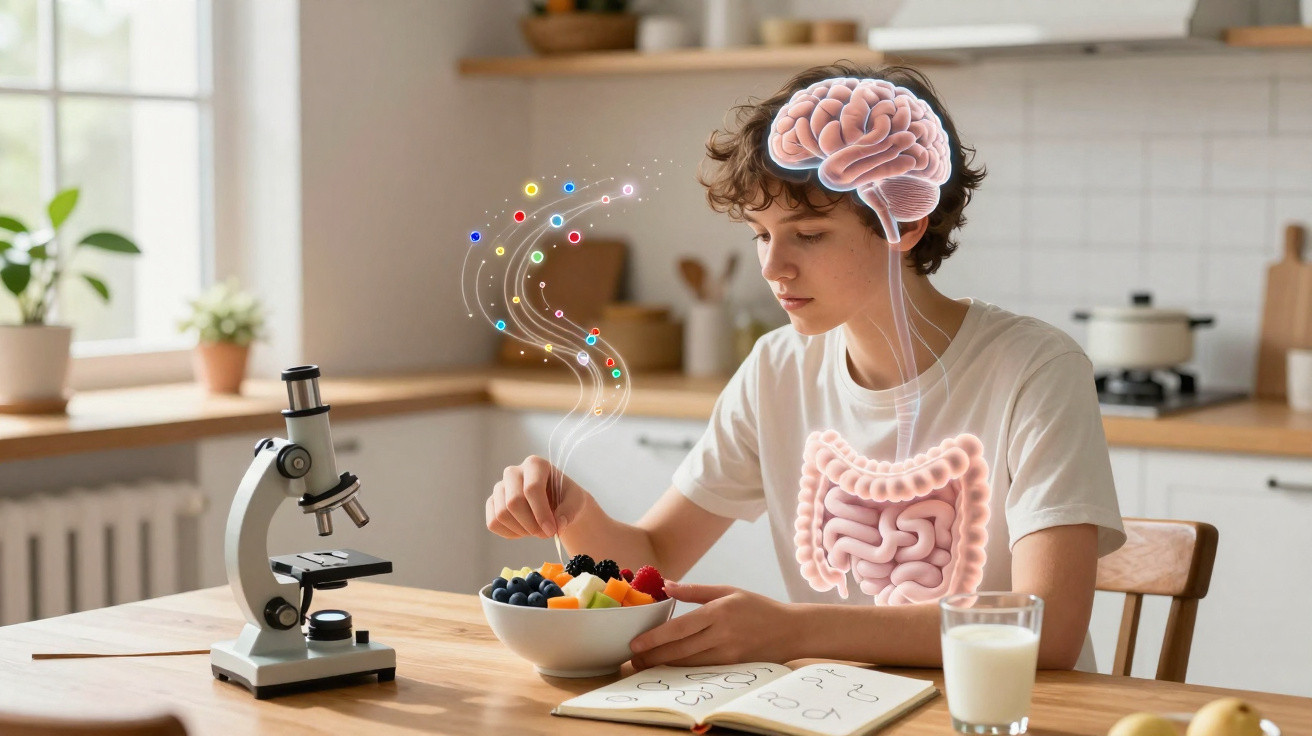 Jovem a comer fruta numa cozinha, com ilustração do cérebro e intestinos sobrepostos no corpo.