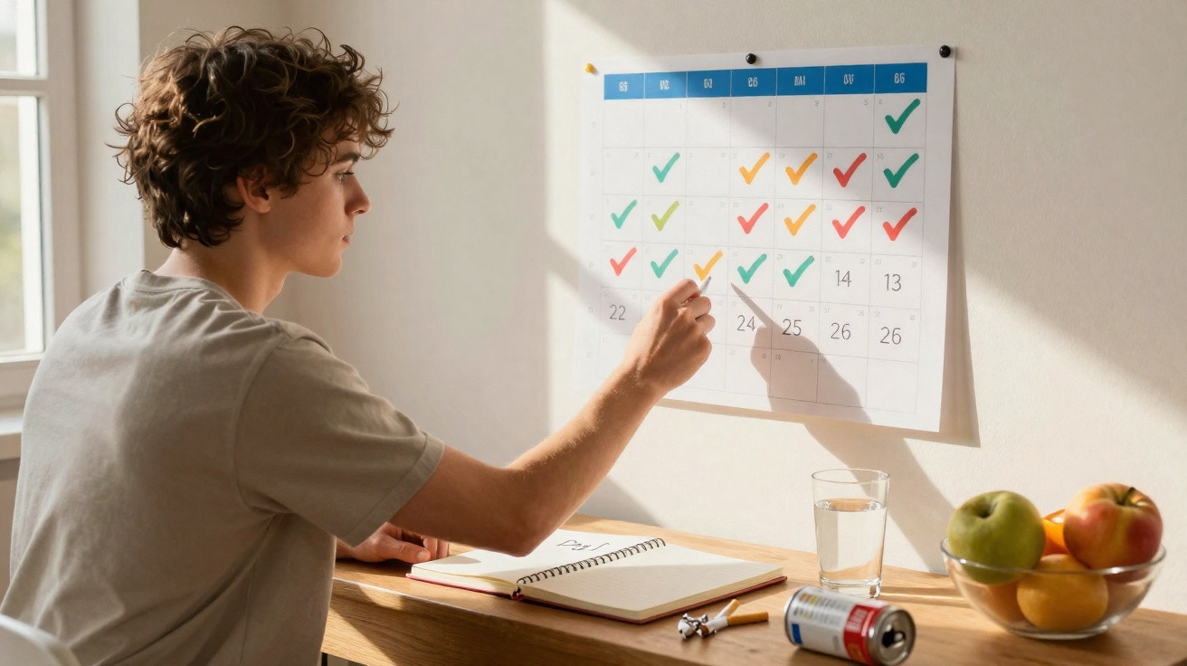 Jovem assinala dias num calendário na parede enquanto está sentado à mesa com caderno e fruta.
