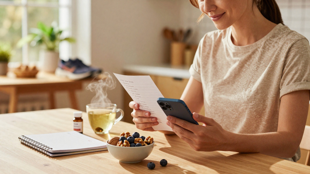 Mulher sentada à mesa com chá quente, a olhar para um papel e usar um telemóvel, com caderno e tigela de frutos secos.