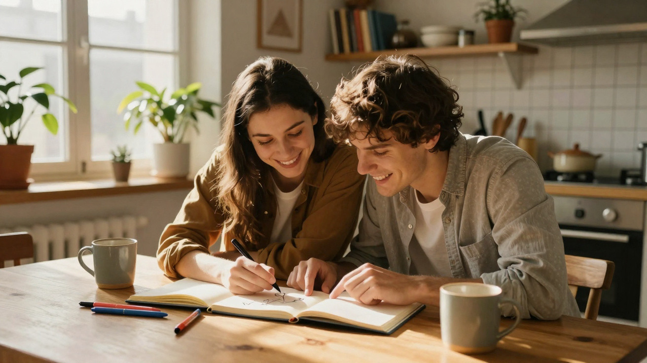 Jovem casal sorridente a desenhar e estudar juntos numa mesa de cozinha iluminada pela luz natural.