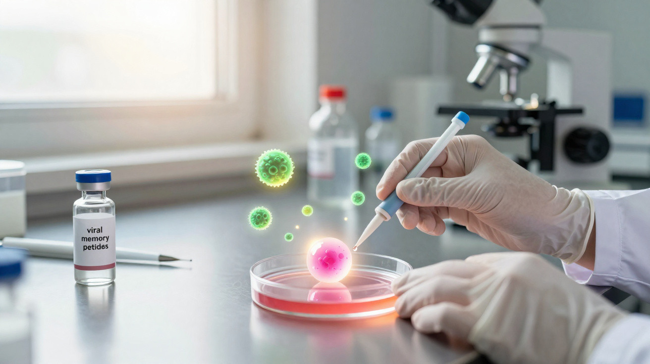 Mãos com luvas manipulam amostra em laboratório com vírus virtuais sobre placa de Petri.