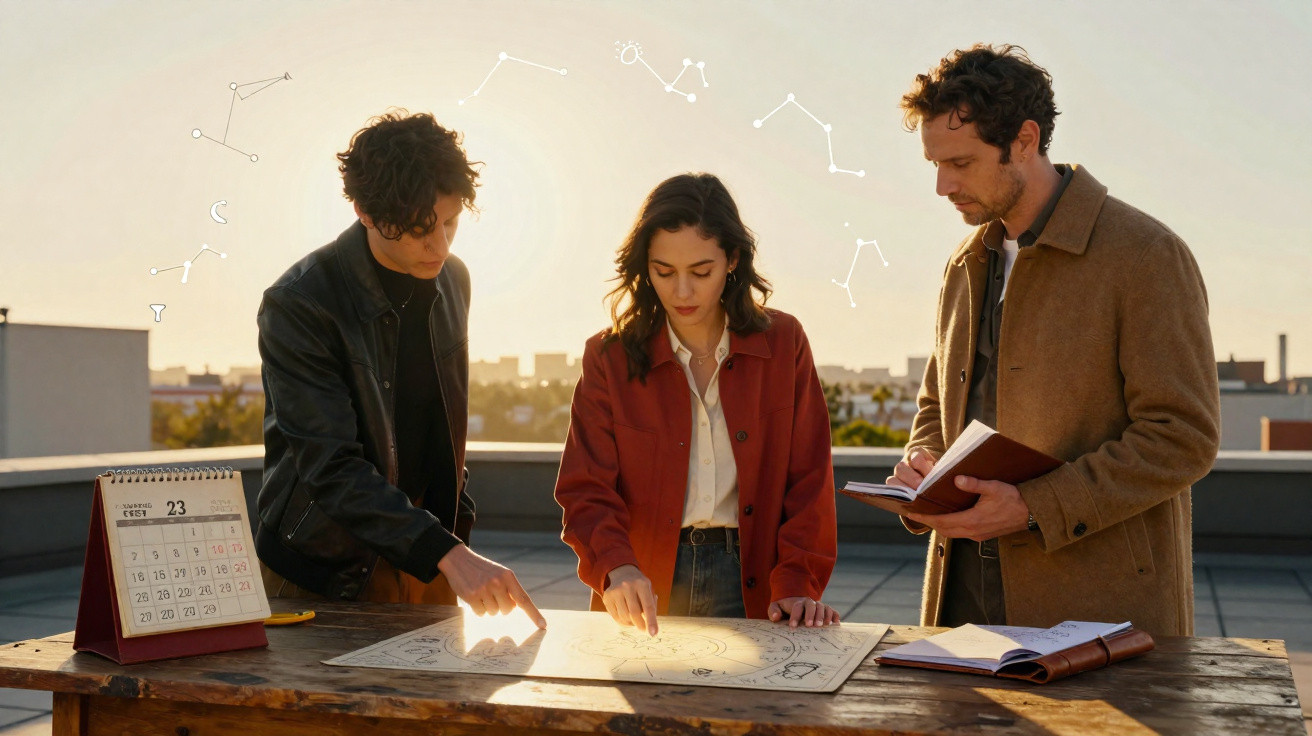 Três pessoas analisam mapas astrológicos numa mesa ao ar livre ao pôr do sol, com constelações no céu.