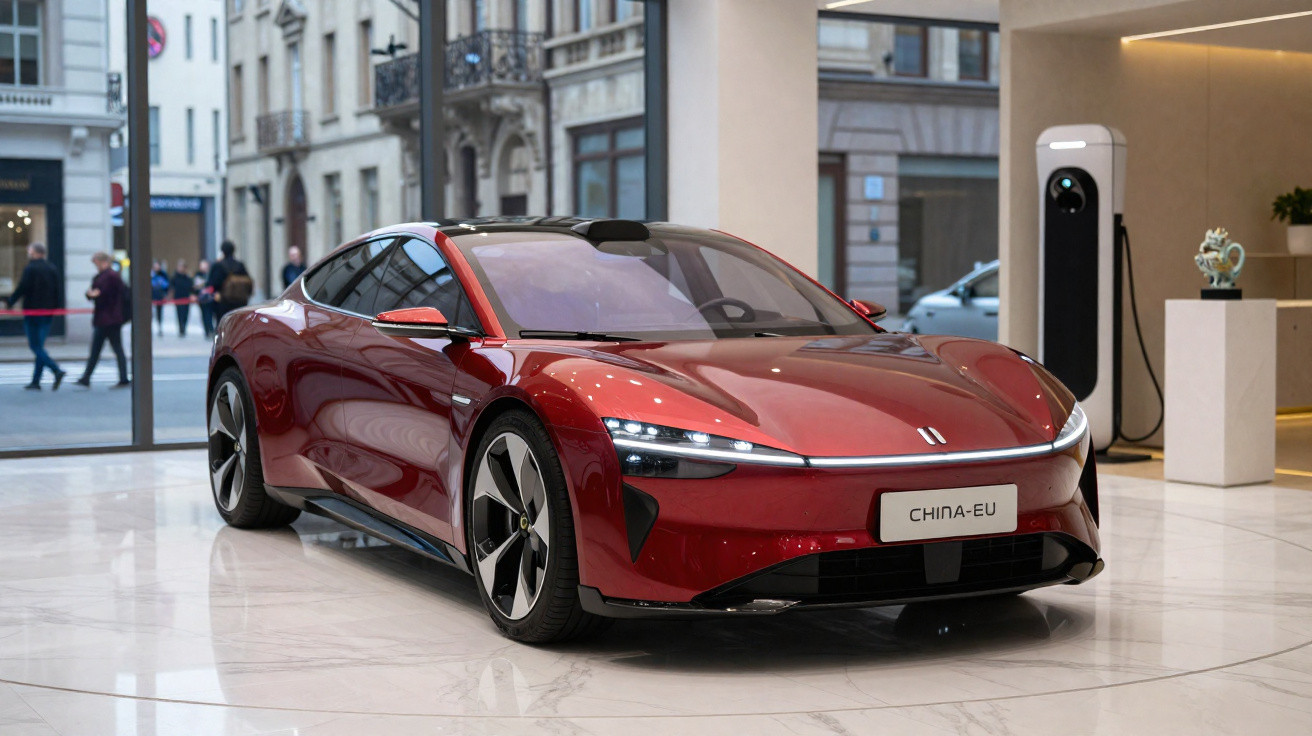 Carro elétrico desportivo vermelho num salão com carregador de veículos elétricos ao fundo.