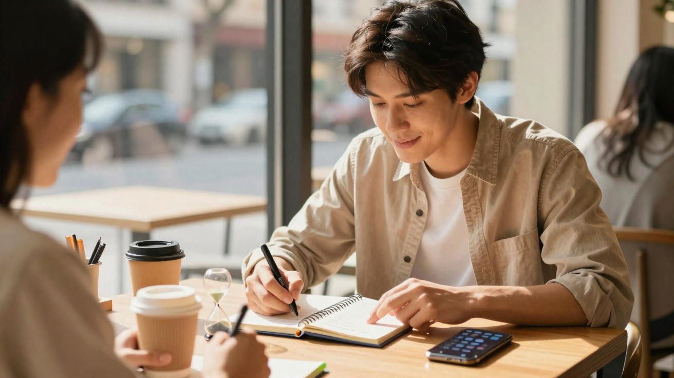 Jovem sentado numa mesa a escrever num caderno, com café e smartphone ao lado, numa cafeteria iluminada.