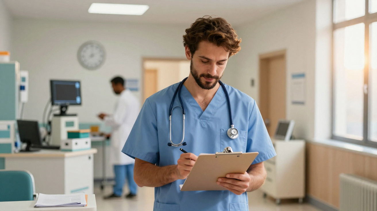 Médico com bata azul escreve em prancheta num hospital com equipamento médico ao fundo.