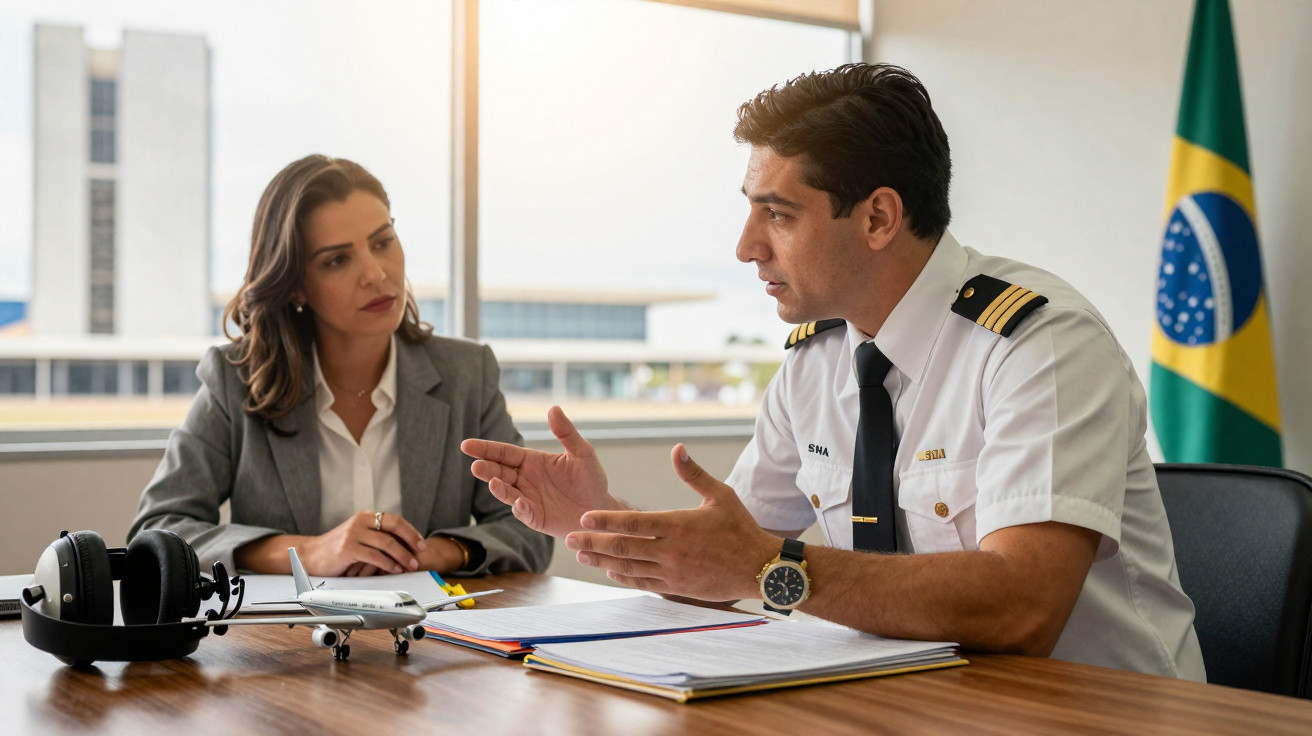 Homem de uniforme de piloto conversa com mulher de fato cinzento numa sala com bandeira do Brasil.
