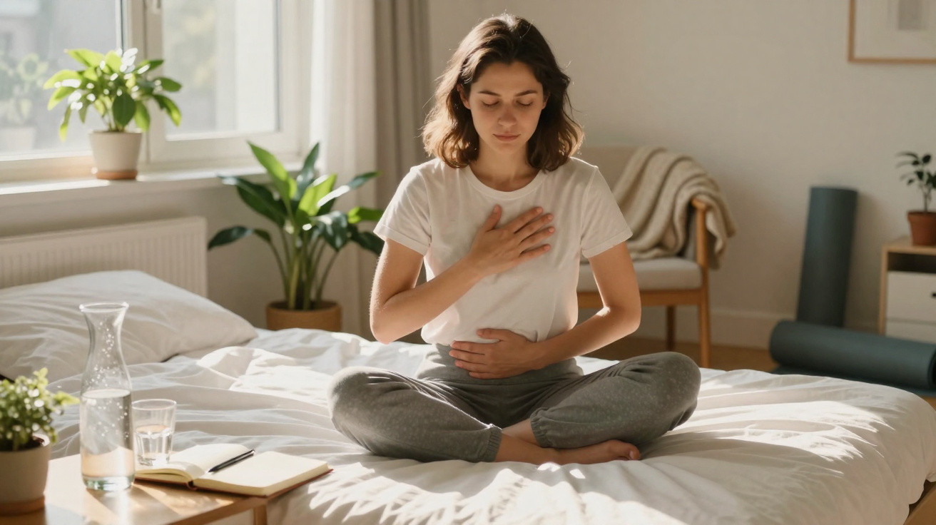 Mulher sentada na cama com pernas cruzadas, mãos no peito e abdómen, num ambiente calmo e iluminado.