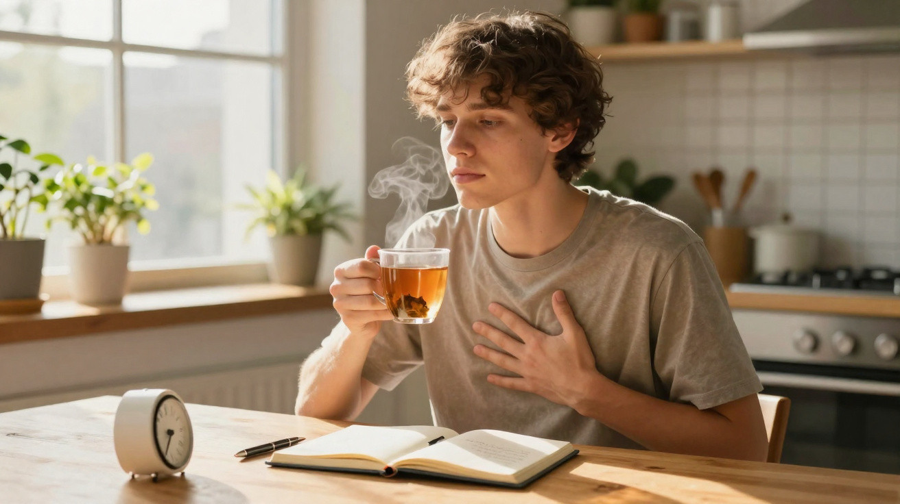 Jovem sentado à mesa com chá quente, mão no peito, livro aberto e relógio numa cozinha iluminada.