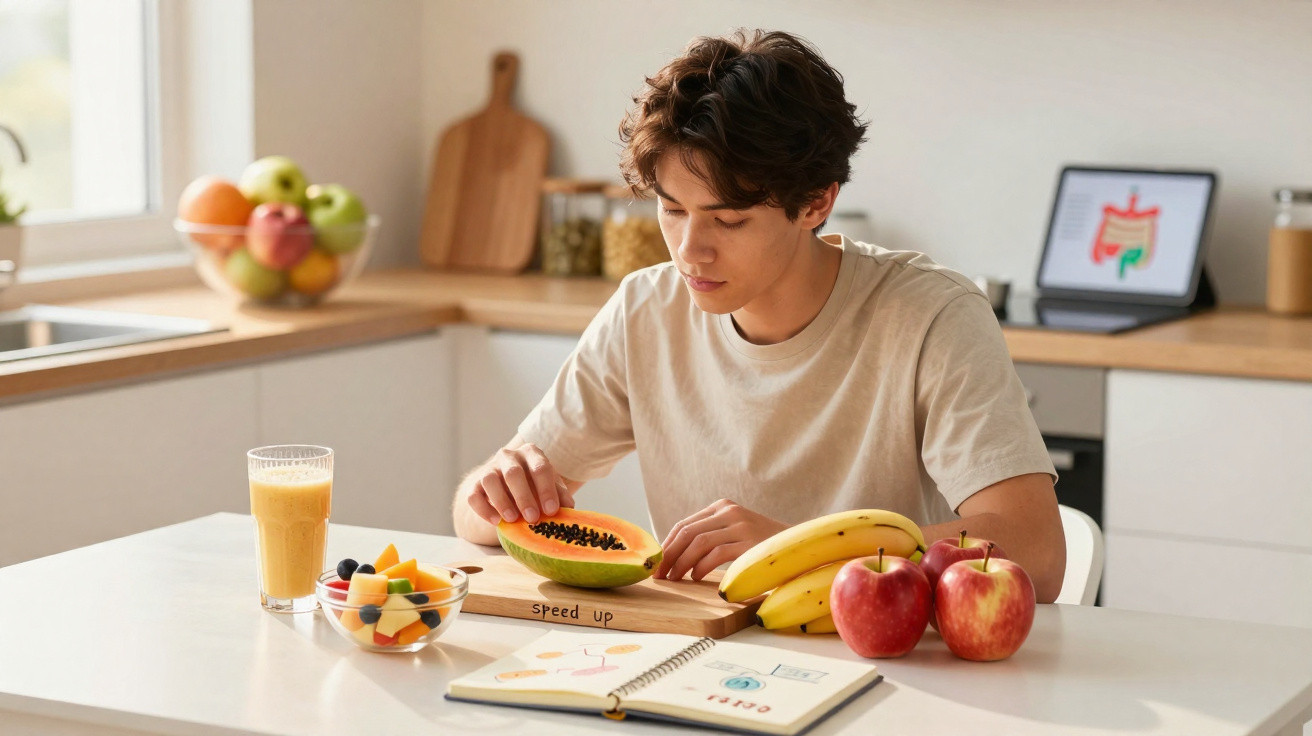 Jovem a preparar papaia na cozinha com frutas e sumo em cima da mesa e caderno aberto.