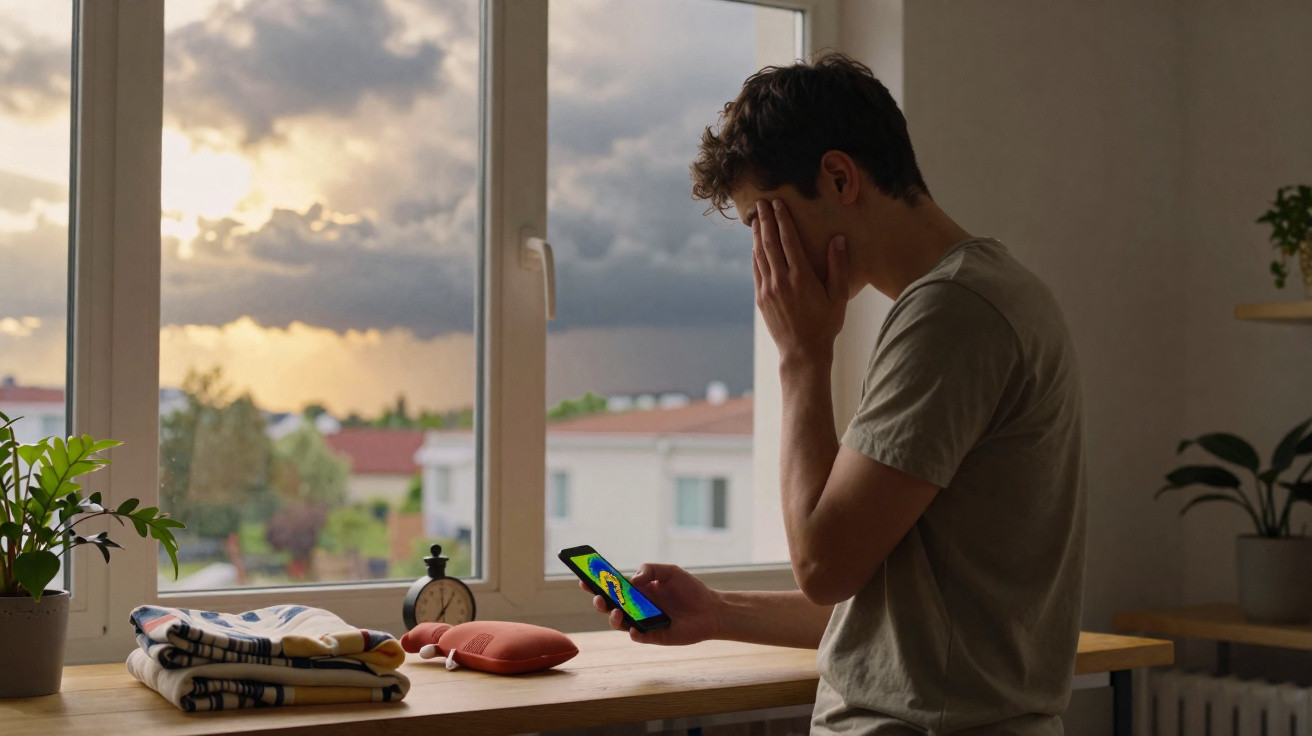 Homem triste sentado junto à janela, com telefone na mão e rosto coberto pelas mãos.