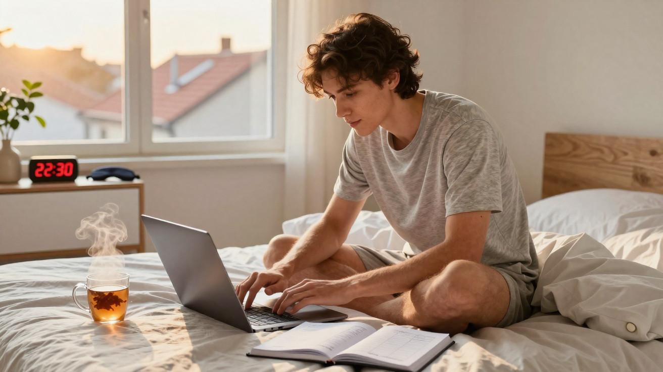 Jovem sentado na cama a usar computador portátil, com chá quente e caderno ao lado, ao pôr do sol.