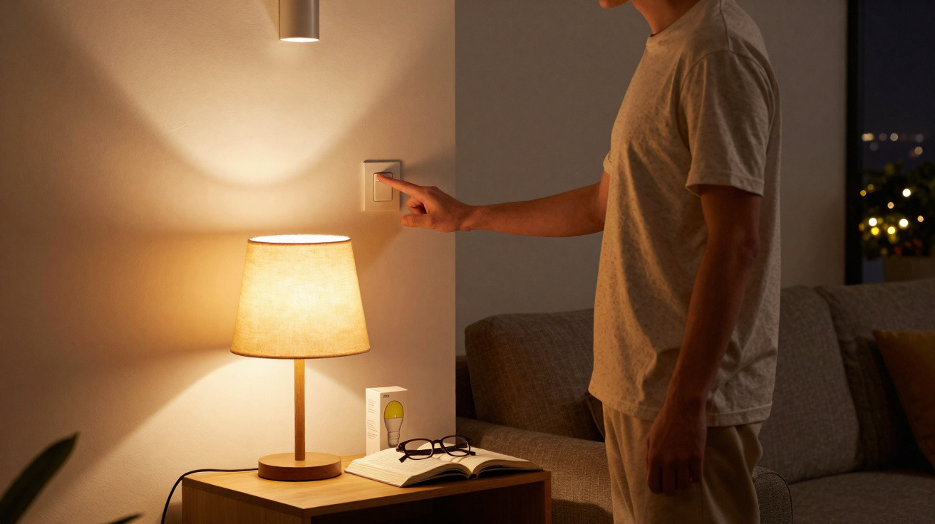 Pessoa a desligar interruptor de luz junto a mesa de cabeceira com candeeiro aceso, livro e óculos.