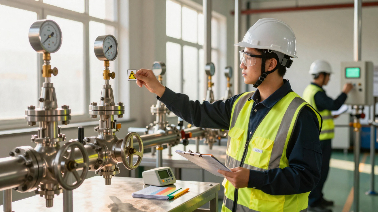 Engenheiro em colete e capacete inspeciona válvulas e manómetros numa instalação industrial.