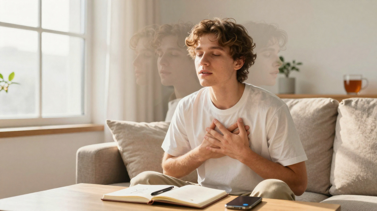 Jovem sentado no sofá com as mãos no peito e olhos fechados, em frente a um livro aberto e telemóvel numa mesa.