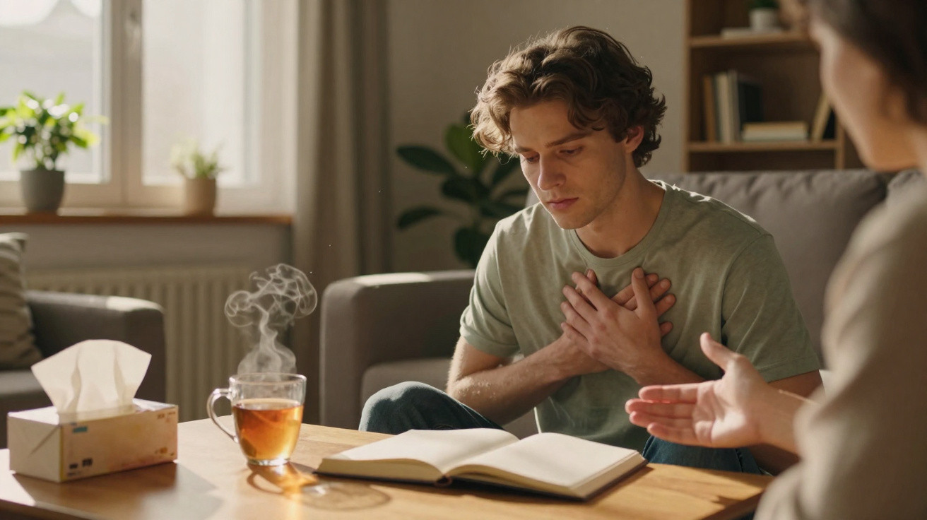 Jovem com mãos no peito sentado numa sala, a conversar com outra pessoa, com chá quente e livro aberto à sua frente.
