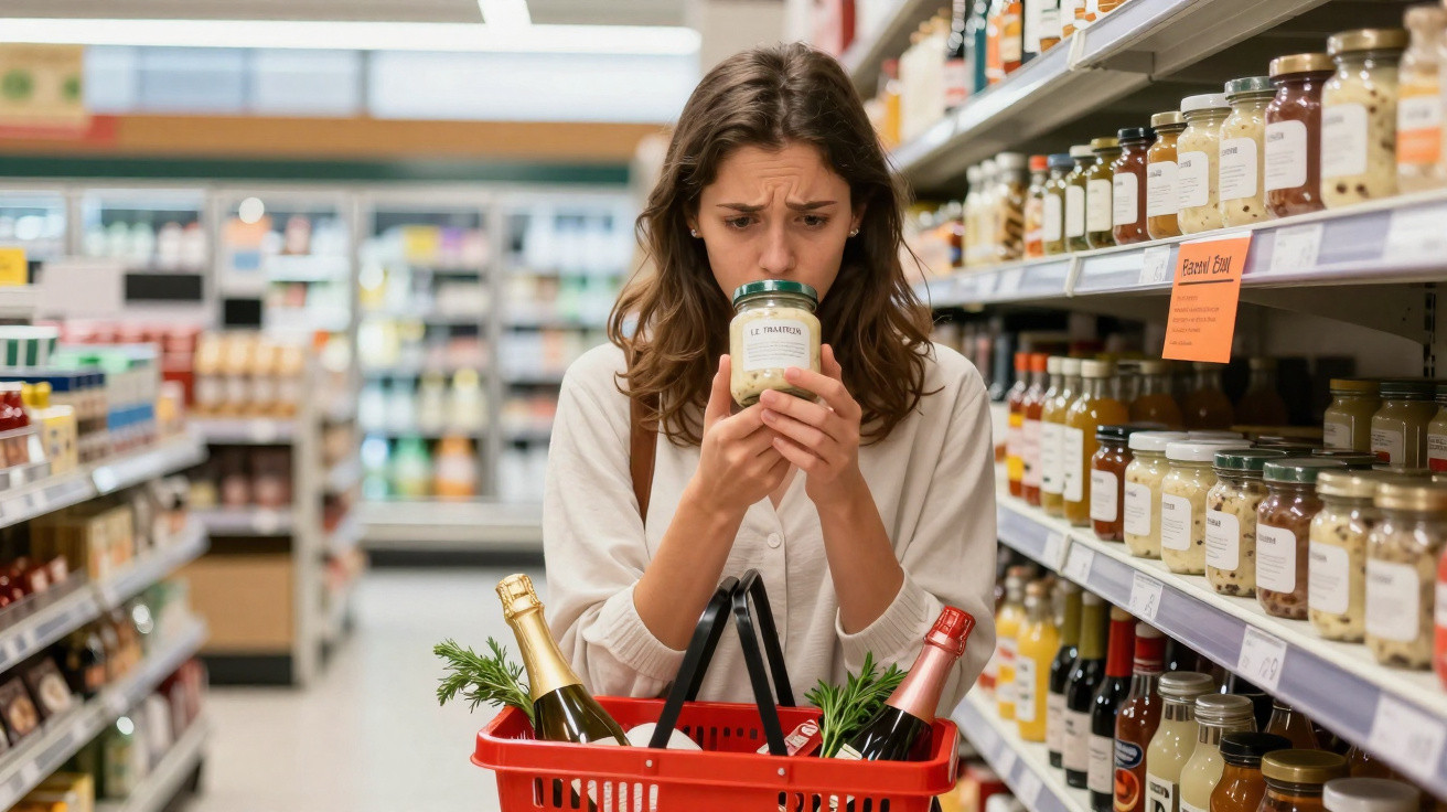 Mulher preocupada analisa etiqueta de vidro num supermercado, com tabuleiro de compras cheio.