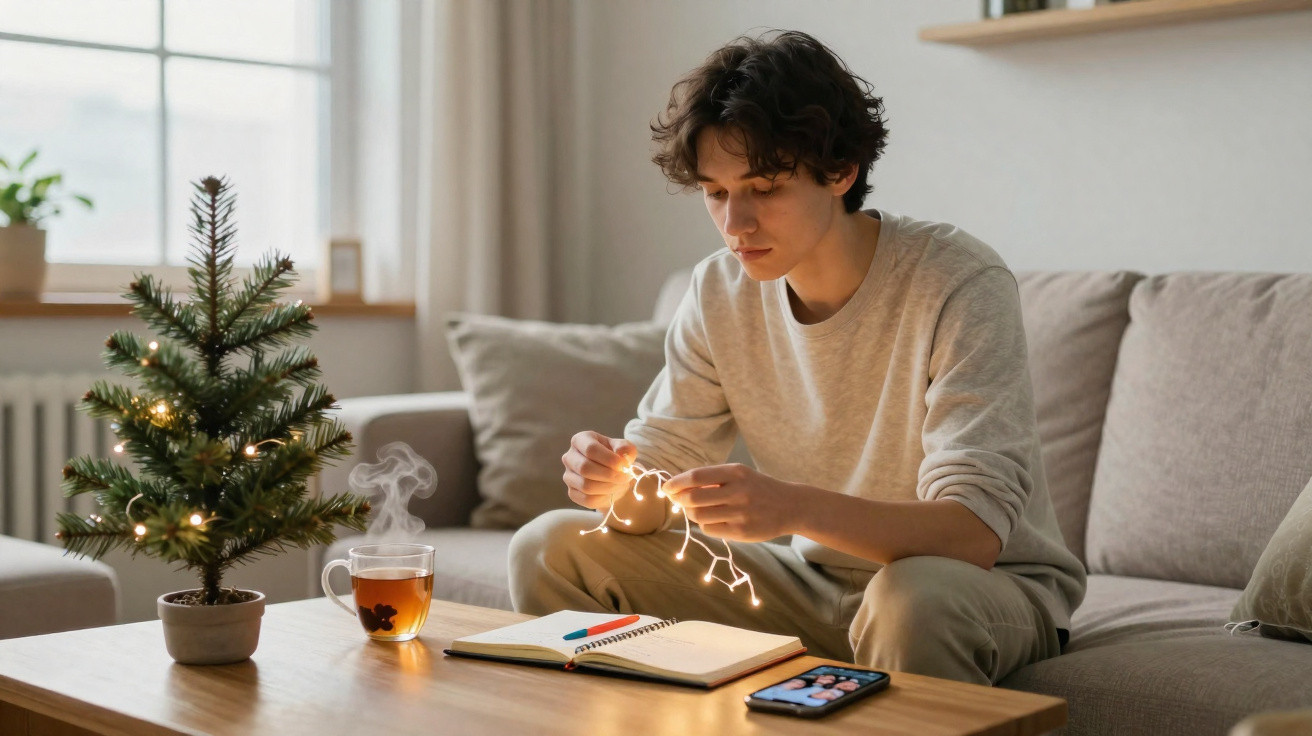Jovem sentado no sofá a decorar árvore de Natal com luzes, à frente chá quente e caderno aberto.