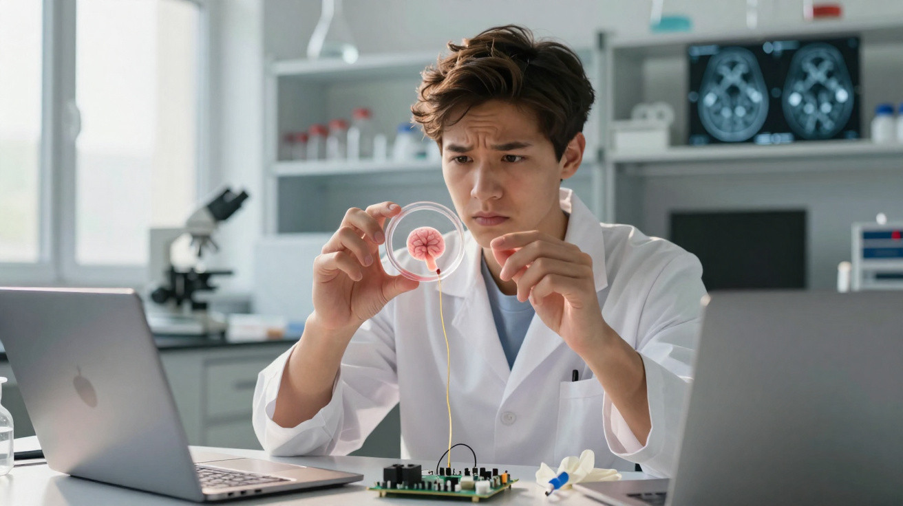 Cientista a analisar implante em forma de cérebro numa placa petri num laboratório moderno.