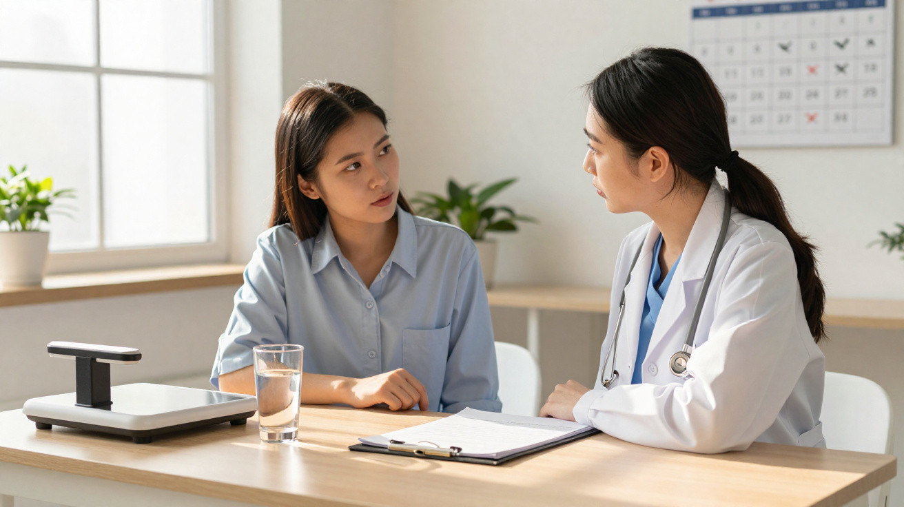 Paciente conversa com médica em consultório com calendário ao fundo e planta na janela.