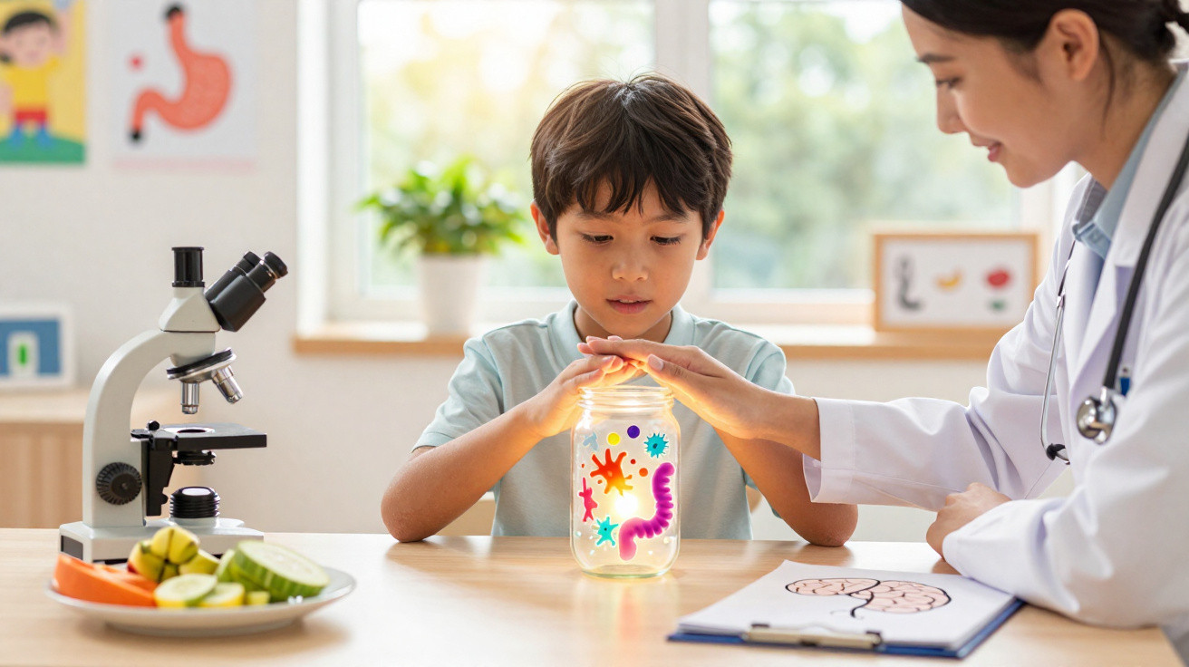 Criança e médica a examinar frasco com desenhos de micro-organismos, microscópio e frutas sobre a mesa.