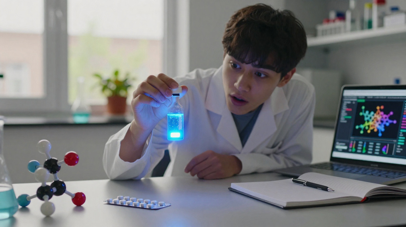 Jovem cientista em laboratório observa frasco com líquido azul fluorescente enquanto trabalha no computador.