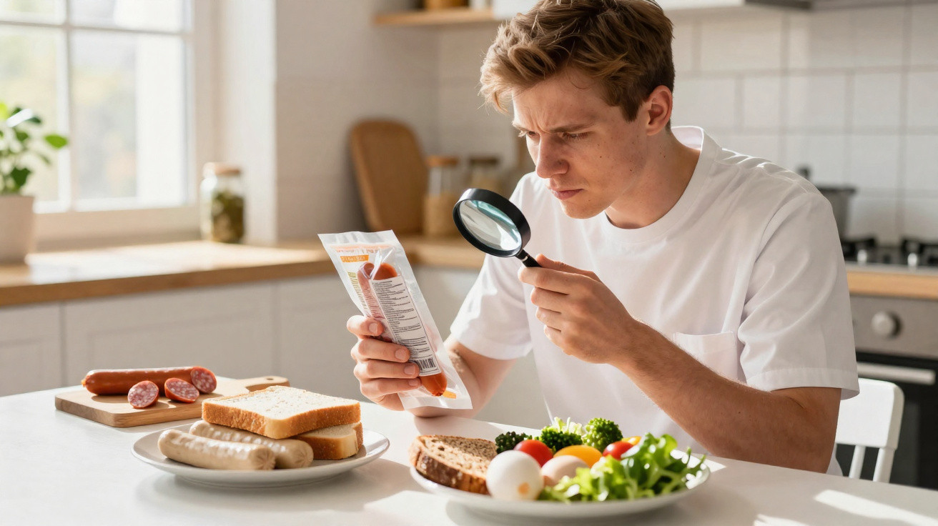 Homem a ler atentamente os ingredientes de um produto alimentar com uma lupa na cozinha.