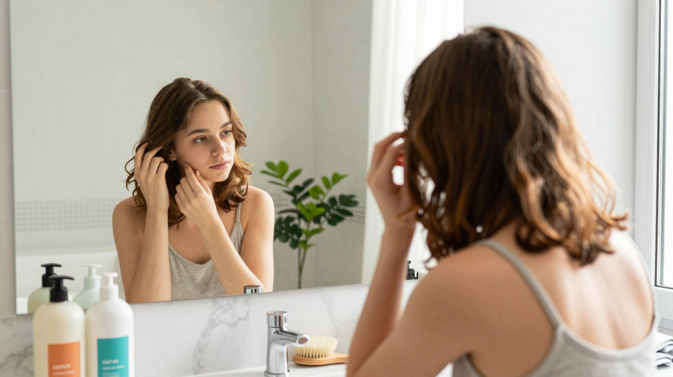 Mulher jovem a cuidar da pele e a observar o rosto num espelho de casa de banho com luz natural.