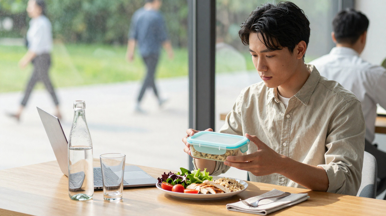 Homem a abrir marmita para almoçar num café, com prato de salada, computador e garrafa de água na mesa.