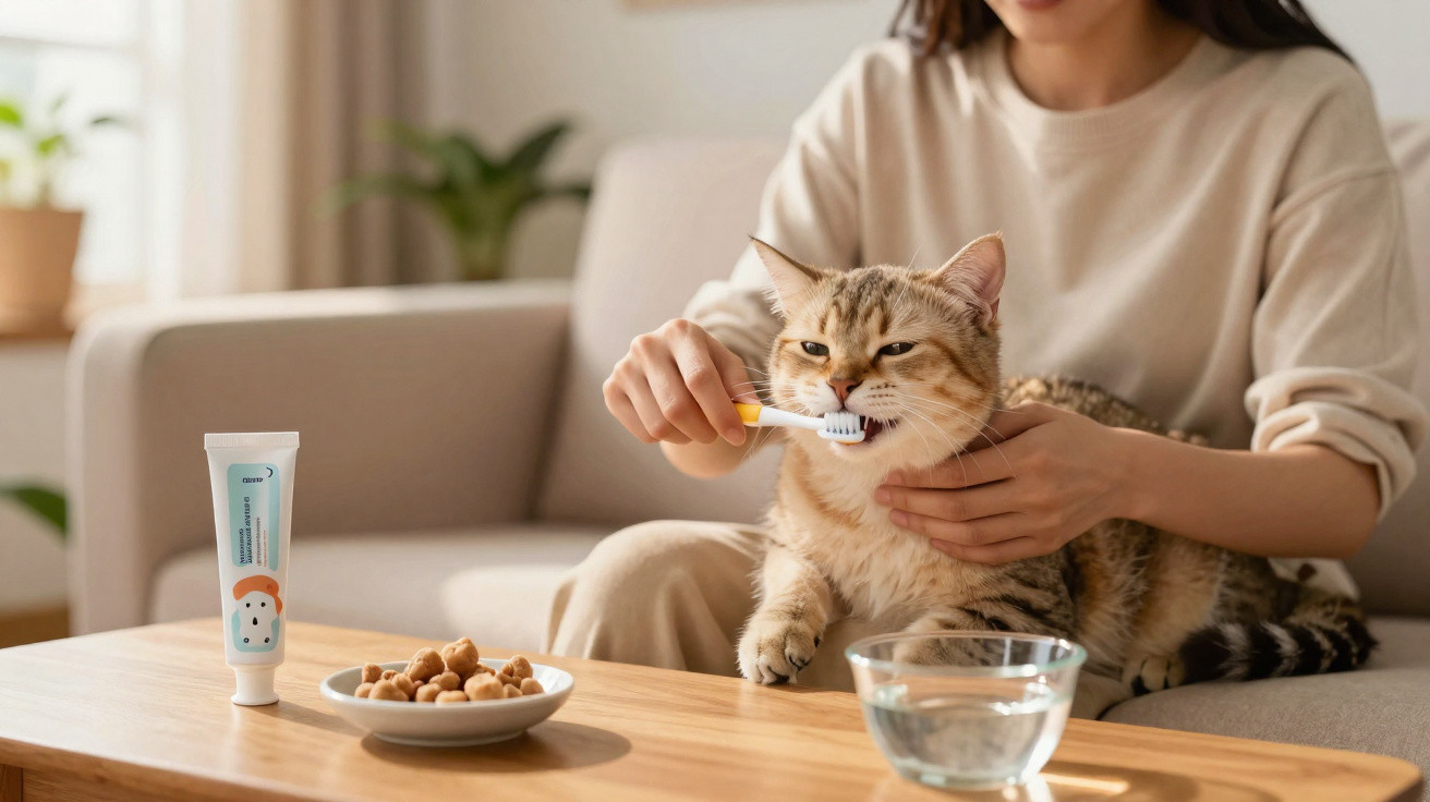 Pessoa a escovar os dentes a um gato num ambiente doméstico com ração, pasta dentífrica e água na mesa.
