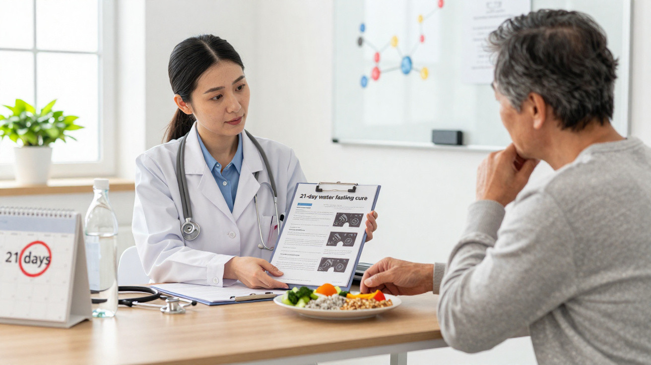 Médica explica plano de tratamento a paciente idoso, com alimentos saudáveis e calendário na mesa.